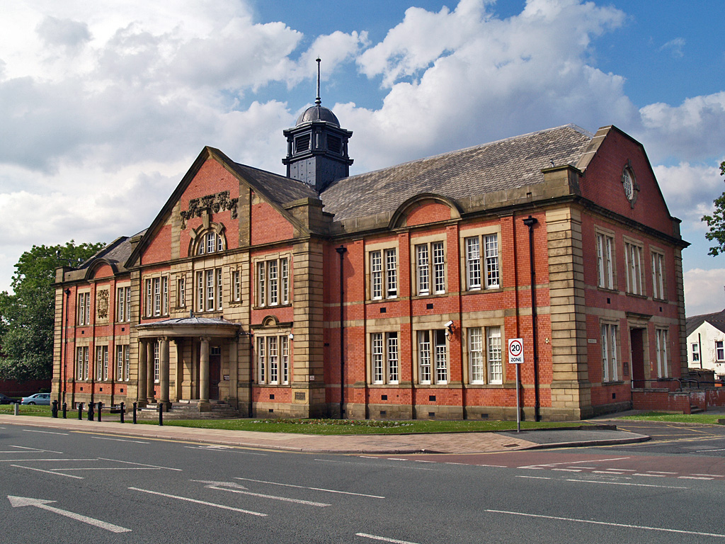The former Farnworth Town Hall on Market Street, Farnworth at the junction with Rawson Street